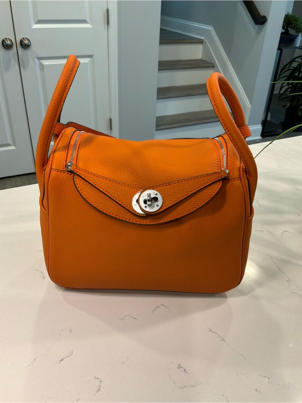 🍊 Classic Orange Cowhide Leather Handbag | Silver Hardware